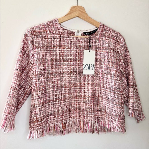 Zara Tops - ZARA Pink Tweed Cropped Fringe Popover Top MEDIUM